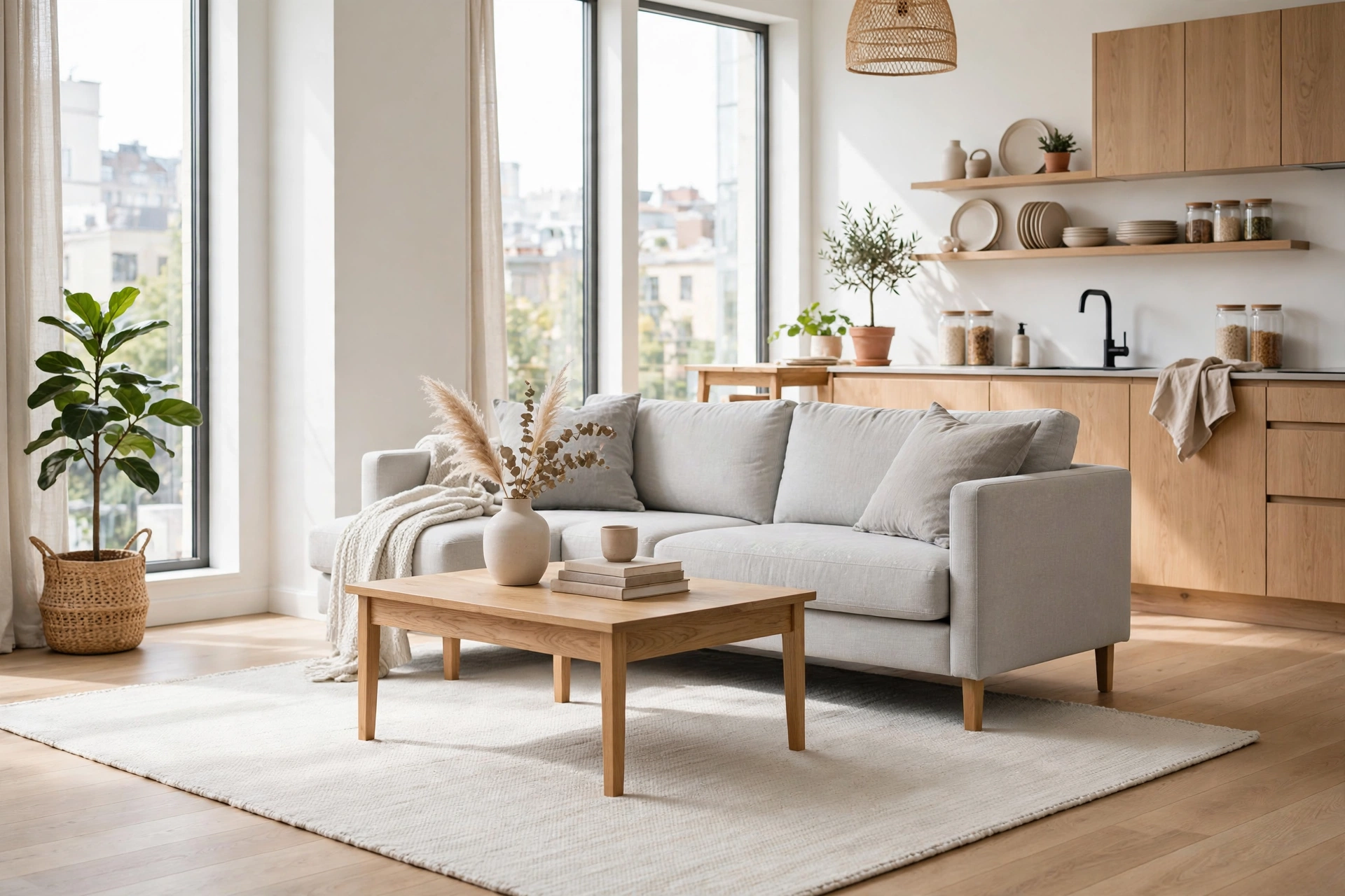 Pale low-pile rug defining the living zone in an open-plan Scandinavian studio