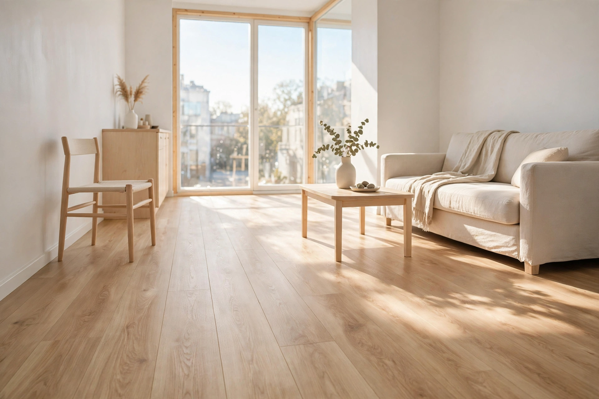 Pale oak laminate flooring brightening a Scandinavian studio apartment interior