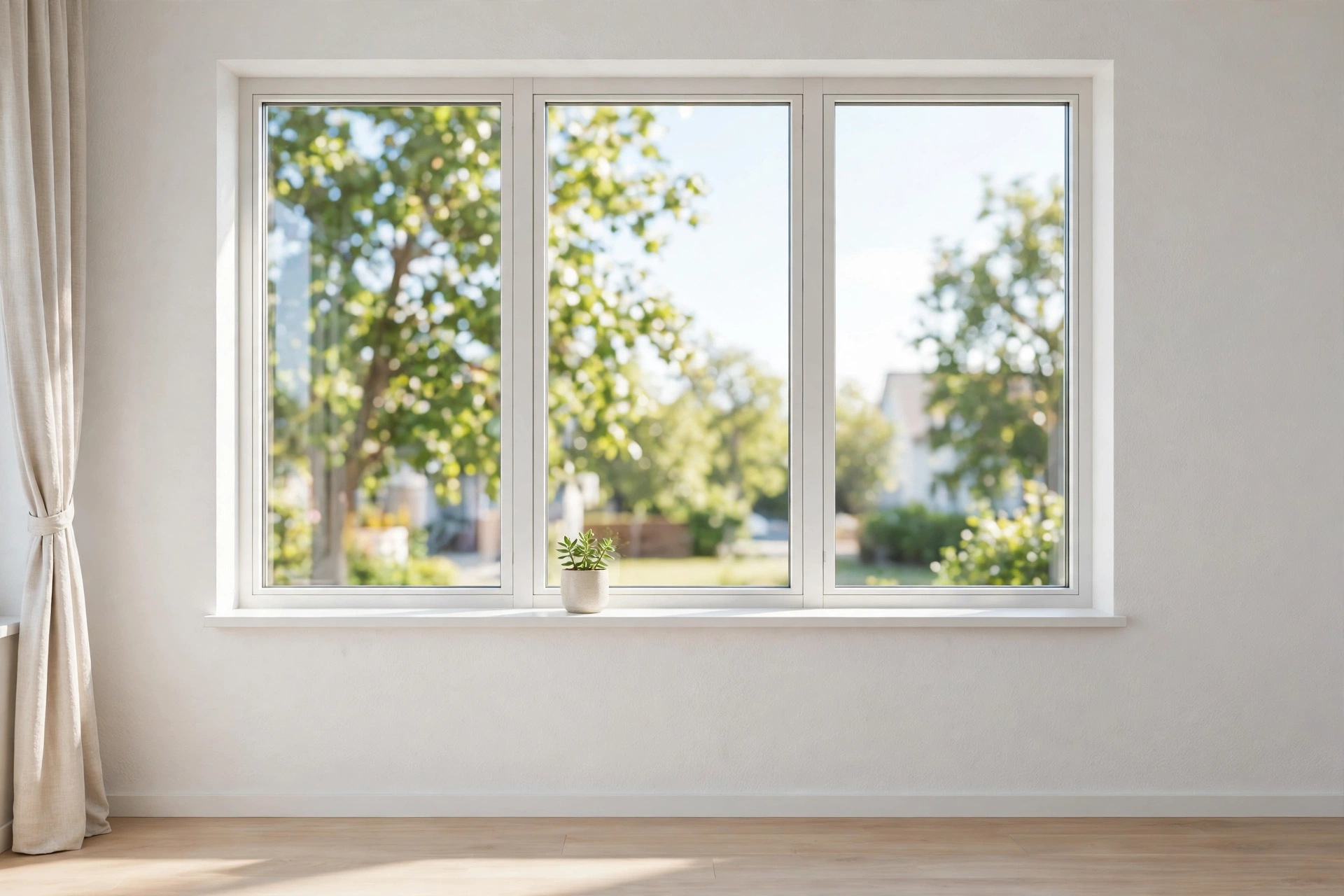 Minimal slim white window frames with clear sill in a bright Scandinavian studio