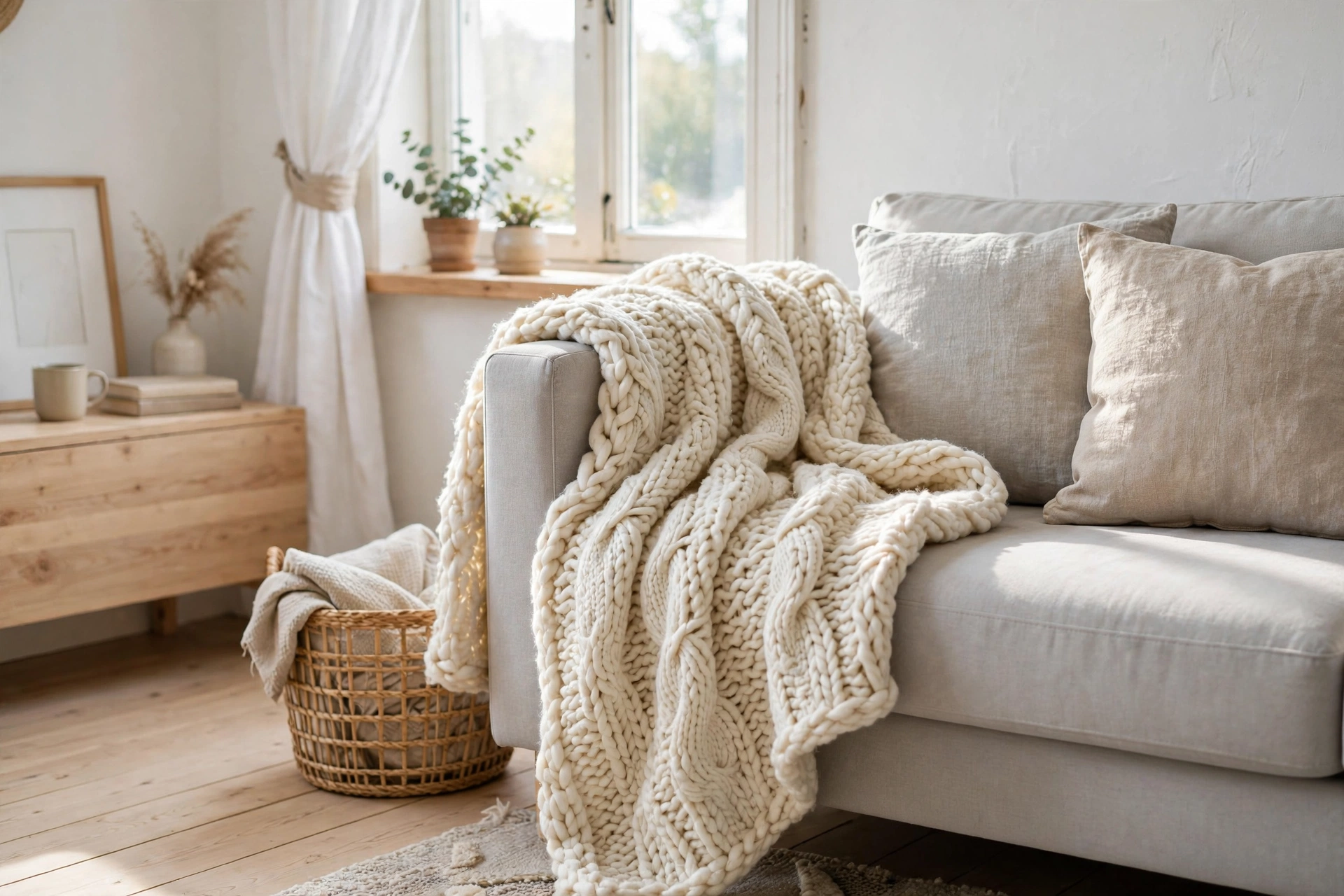 Chunky cream knit throw draped over a sofa in a cozy Scandinavian studio