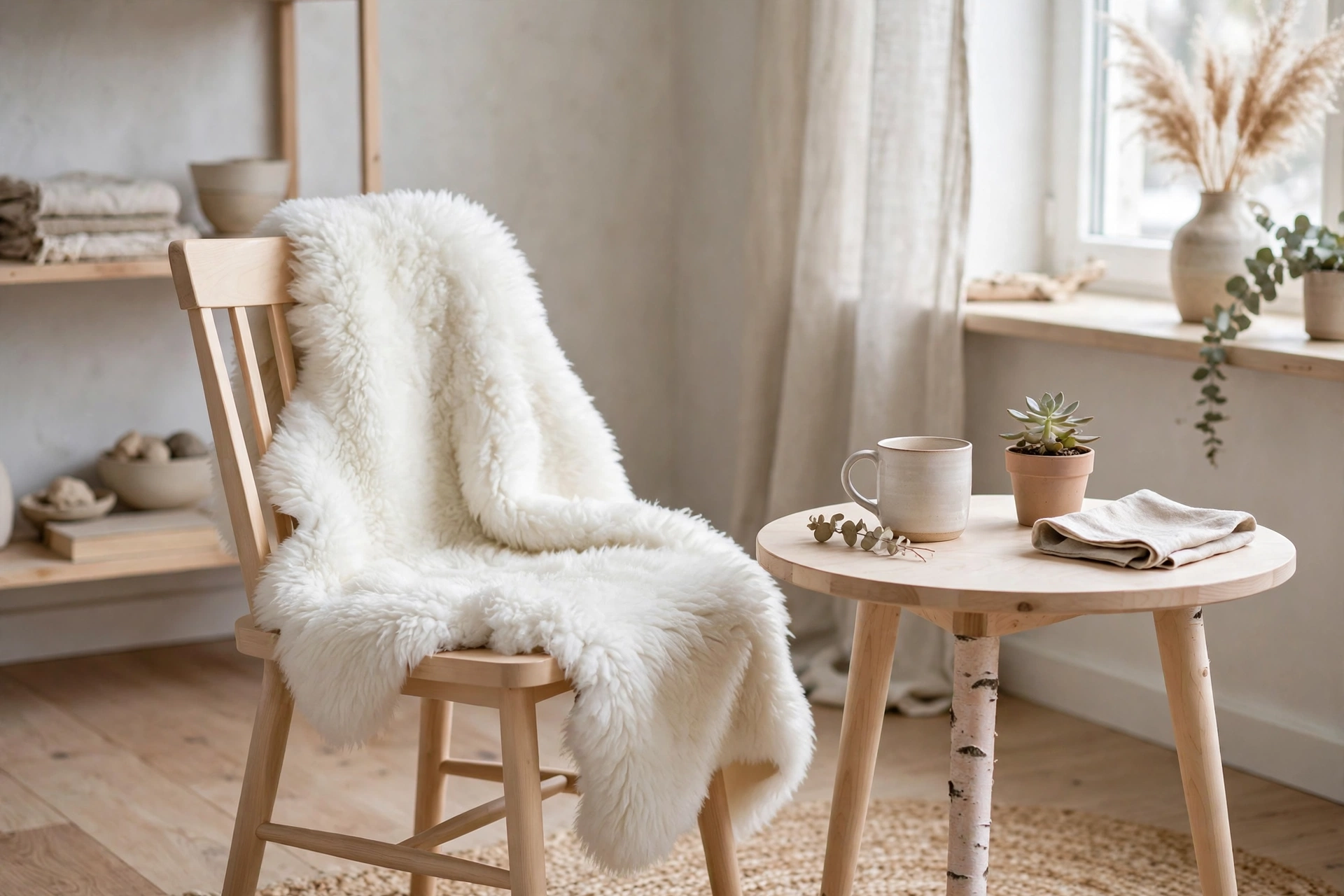 Sheepskin throw draped over a wooden dining chair in a Scandinavian studio