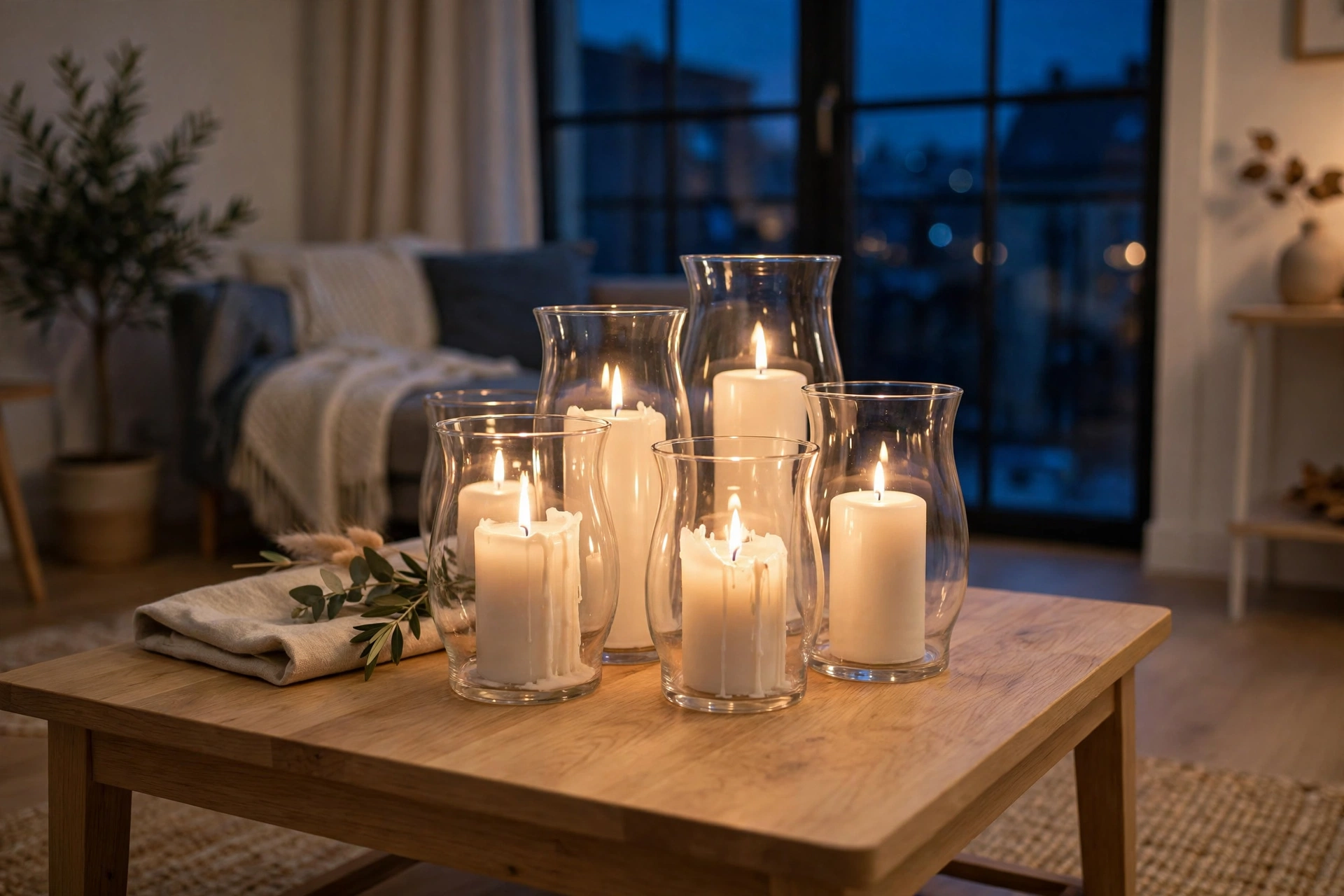 Cluster of lit candles in glass holders on a coffee table in a Scandinavian studio evening