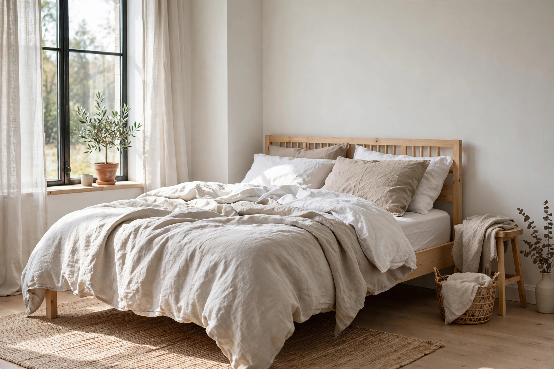 Rumpled stonewashed linen bedding in soft neutral tones on a Scandinavian studio bed