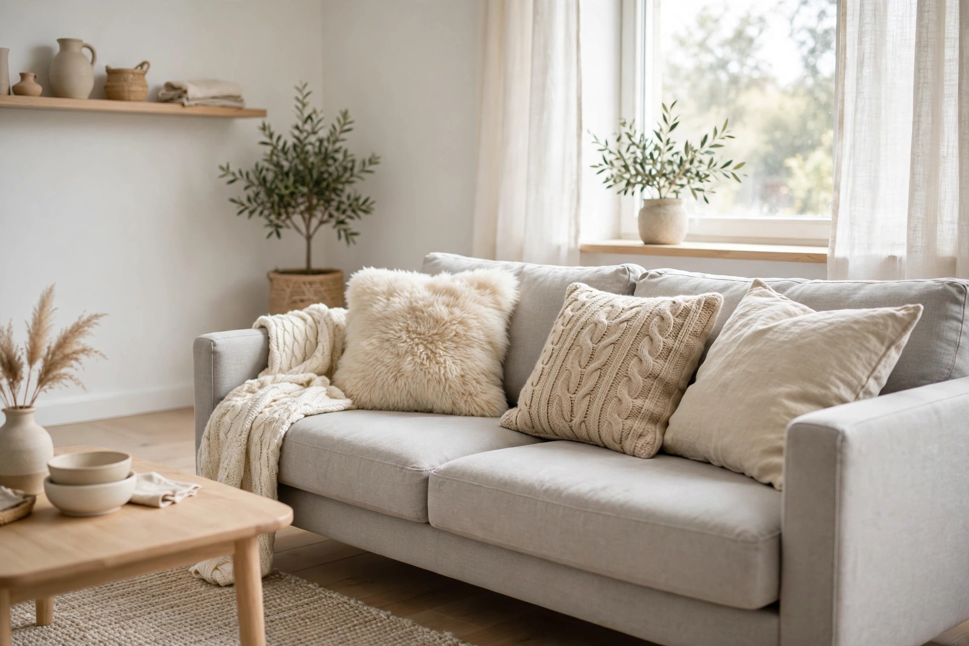 Sofa with mixed wool and faux fur cushions in neutral tones in a Scandinavian studio