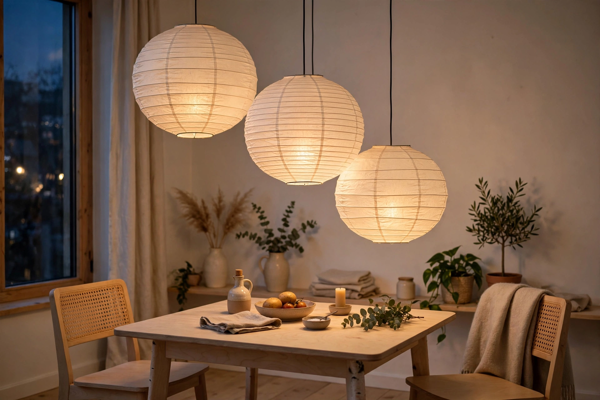 Rice paper pendant lanterns glowing softly over a dining area in a Scandinavian studio