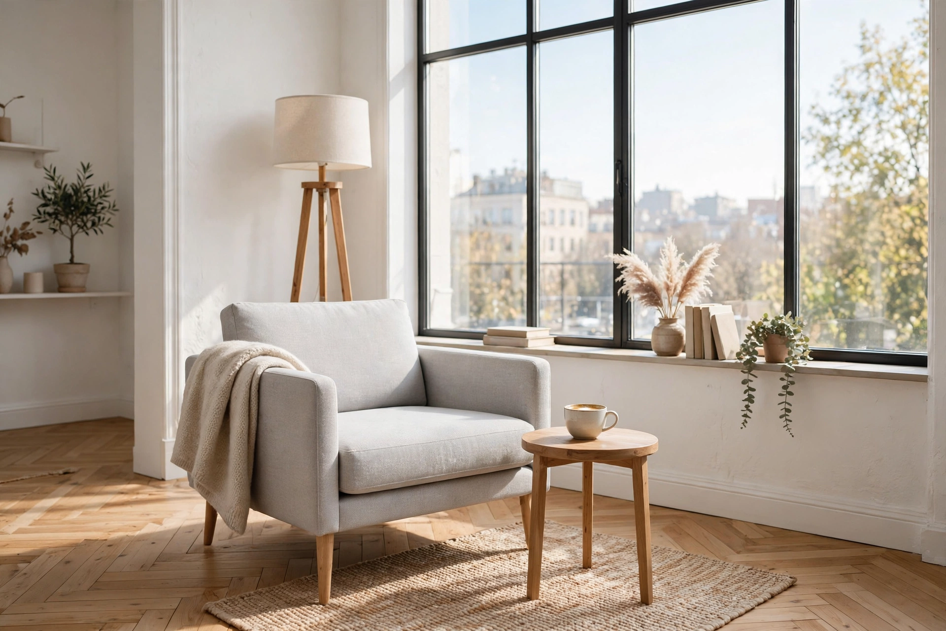 Slim armchair and floor lamp forming a reading nook by a bright Scandinavian studio window