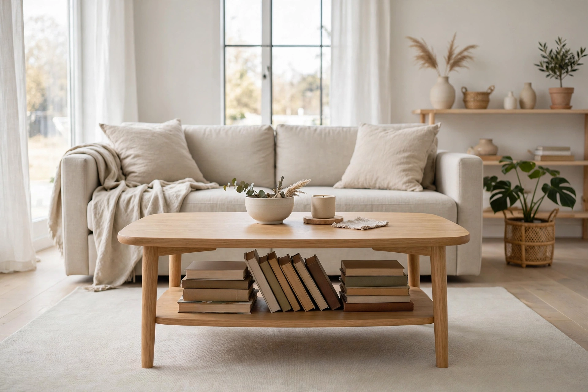 Light oak coffee table with clean lines anchoring a Scandinavian studio living zone