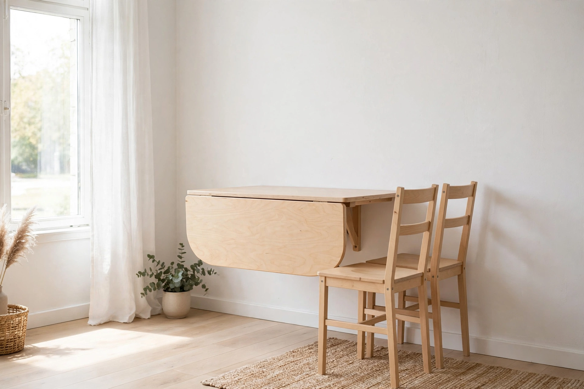 Birch drop-leaf dining table folded slim against a wall in a Scandinavian studio