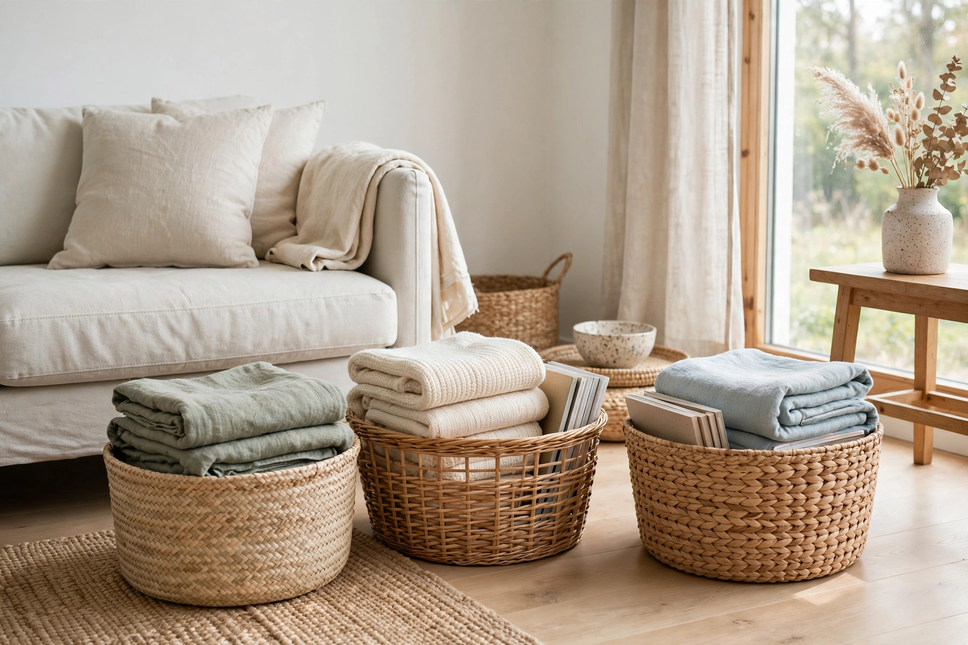 Woven seagrass baskets organizing throws and magazines in a Scandinavian studio
