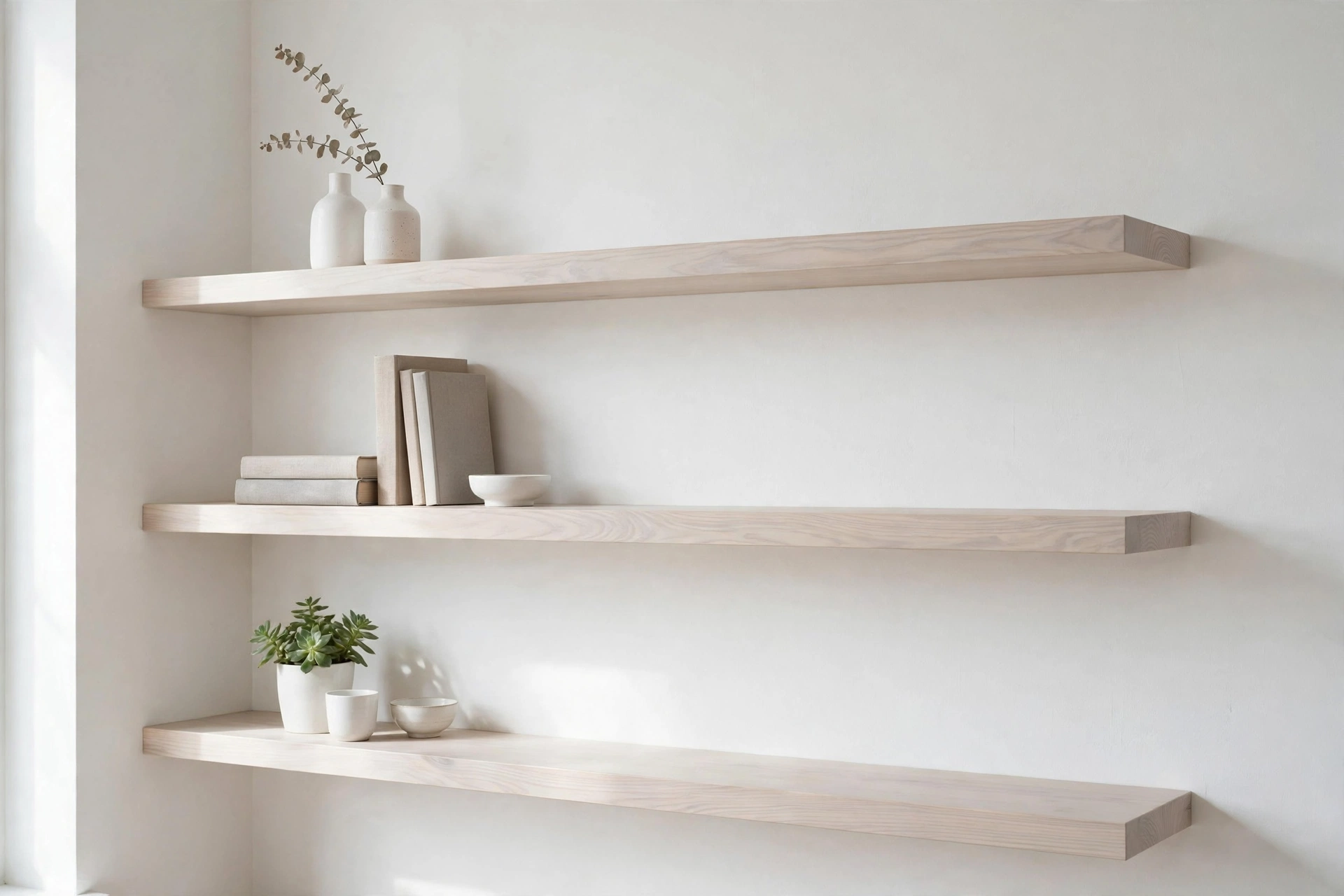 Open pale ash wood shelves styled with ceramics and books in a Scandinavian studio