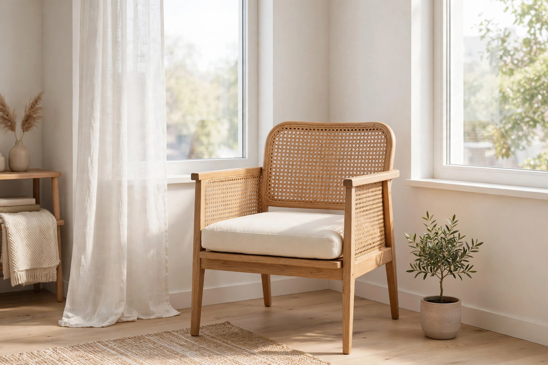 Cane webbing accent chair with light cushion in a bright Scandinavian studio corner