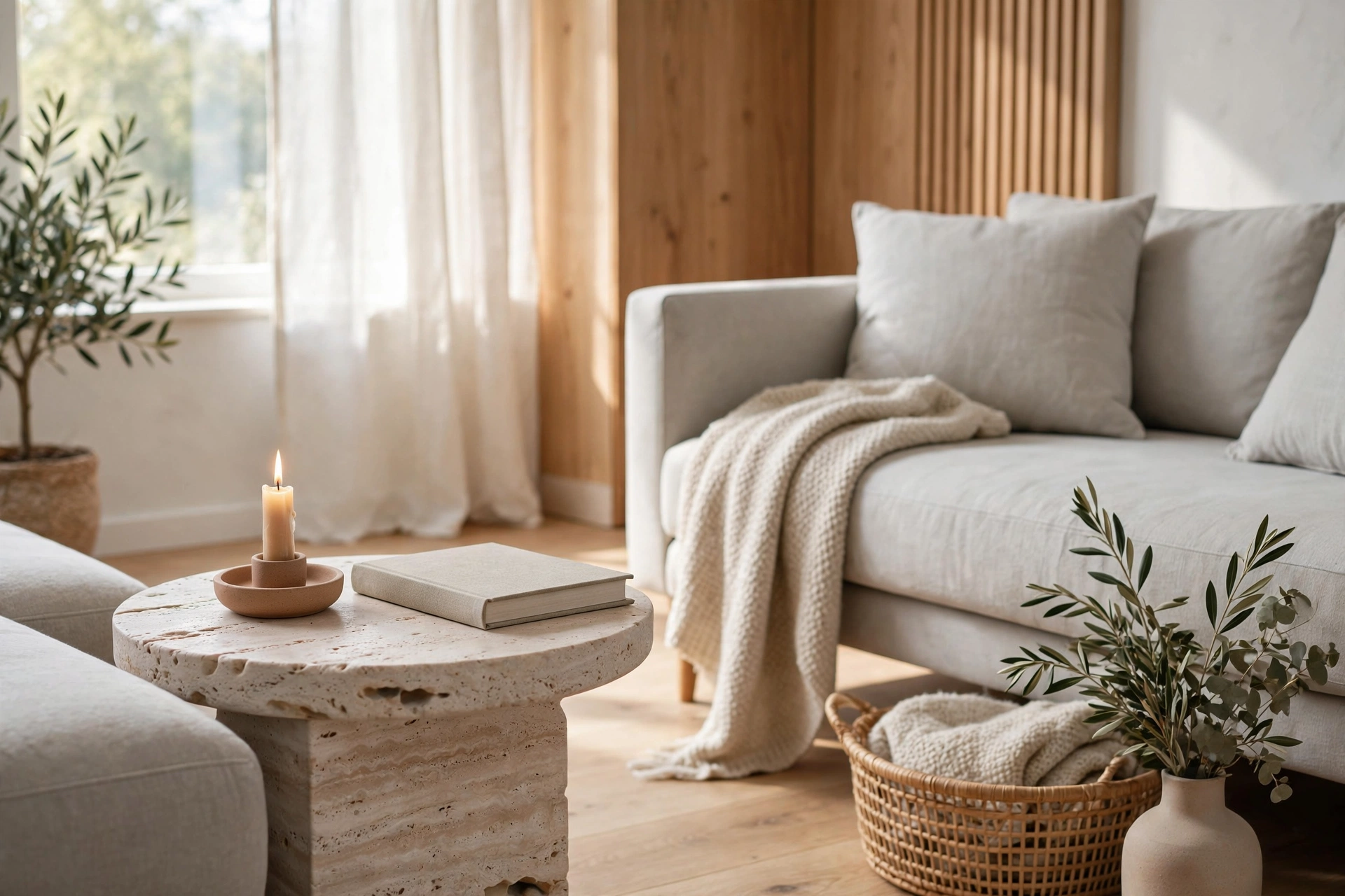 Travertine stone side table beside a sofa in a Scandinavian studio living area