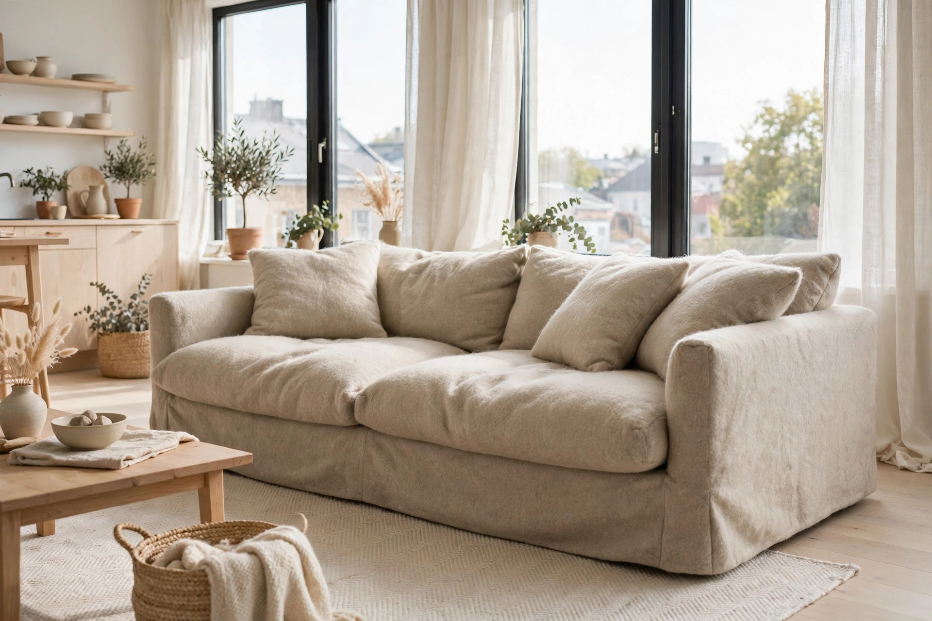 Light oatmeal wool-blend slipcovered sofa in a bright Scandinavian studio