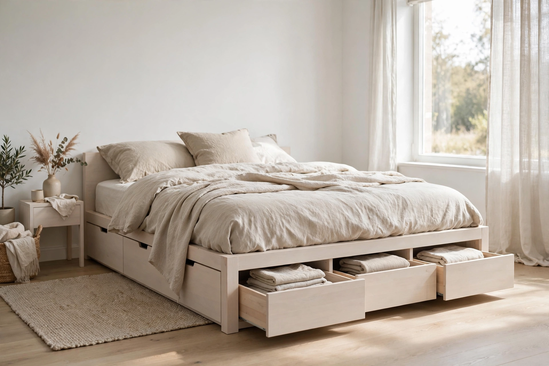 Low platform bed with hidden storage drawers in a calm Scandinavian studio bedroom zone