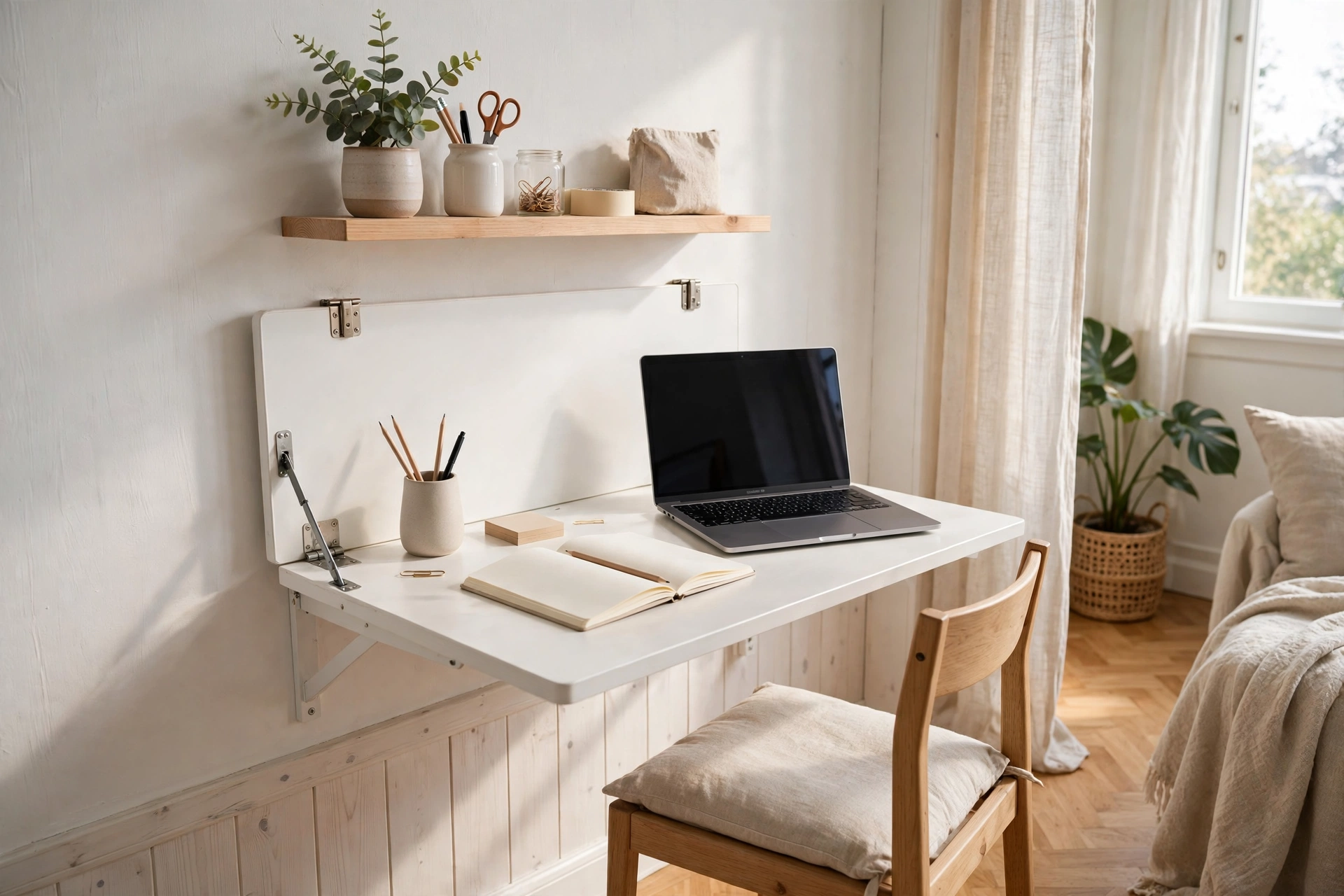 Fold-down wall-mounted desk open with laptop in a small Scandinavian studio