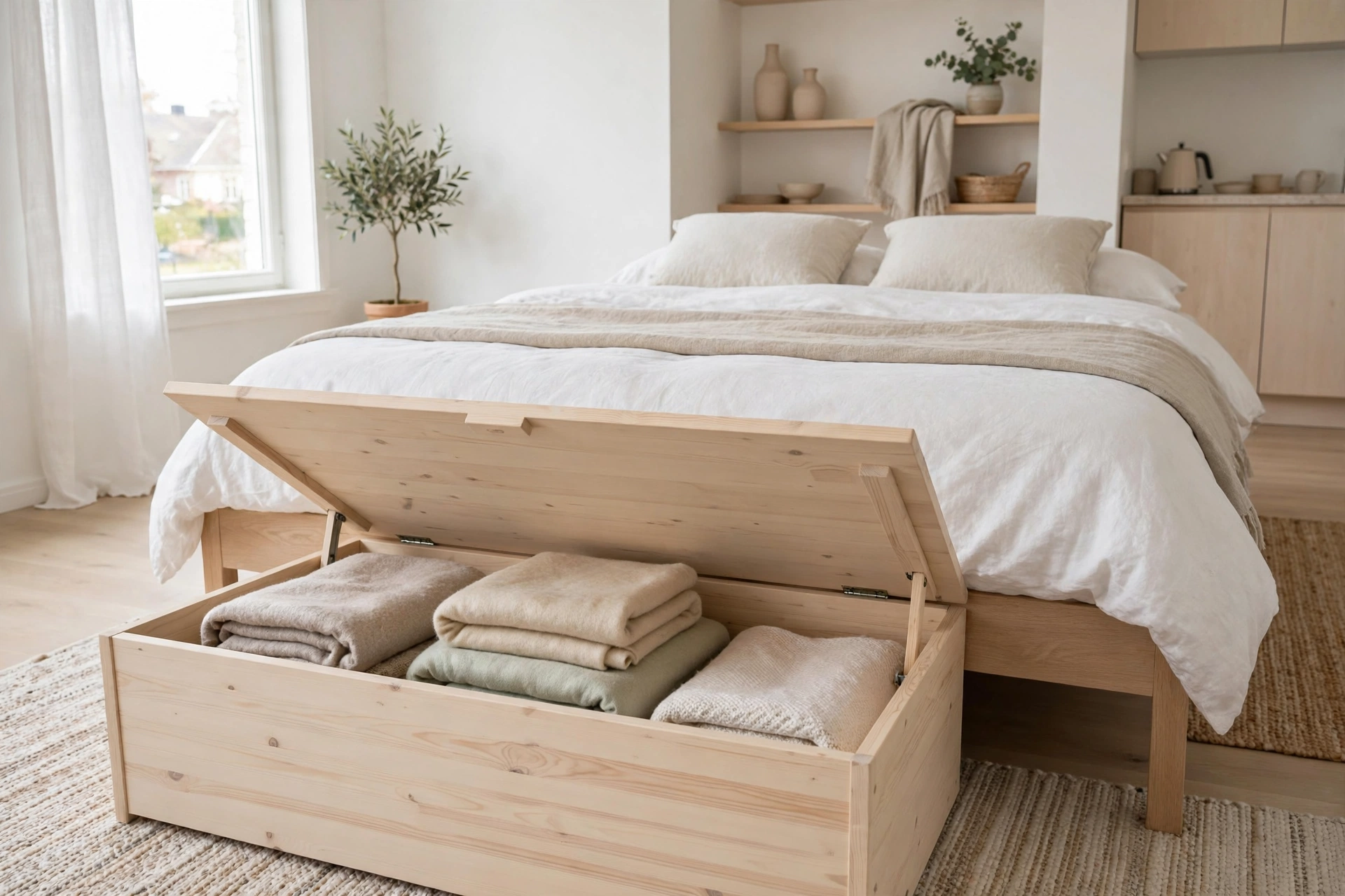 Pale wood storage bench with lift-top at the foot of a bed in a Scandinavian studio