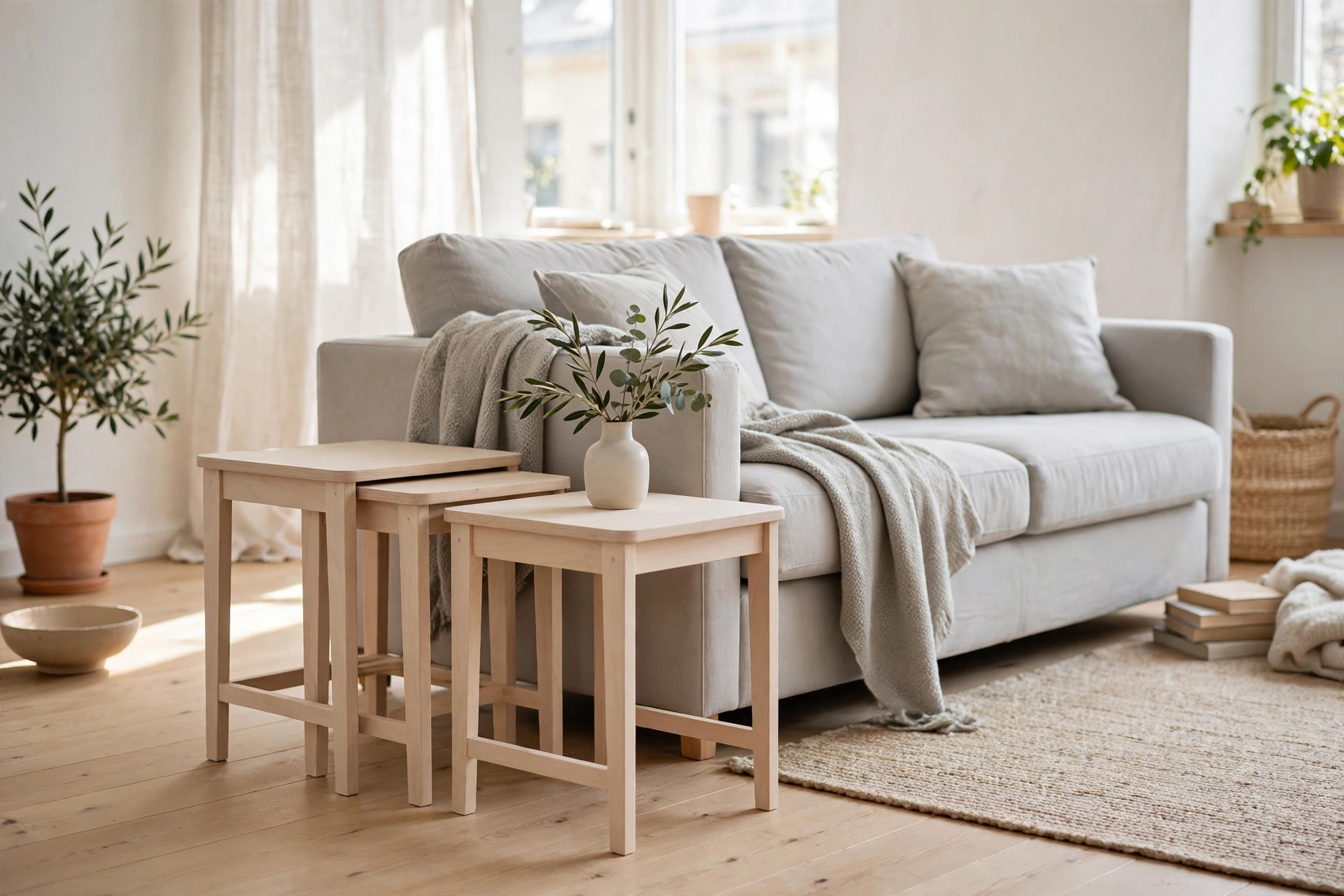 Set of pale wood nesting side tables tucked together beside a Scandinavian sofa