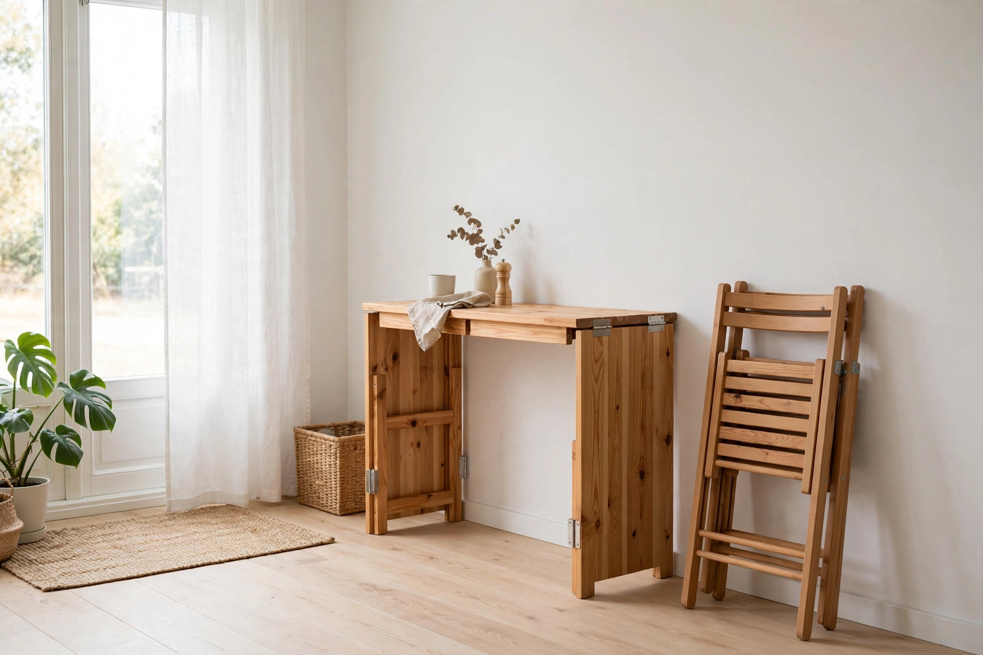Pine gateleg table folded slim against a wall in a Scandinavian studio dining corner