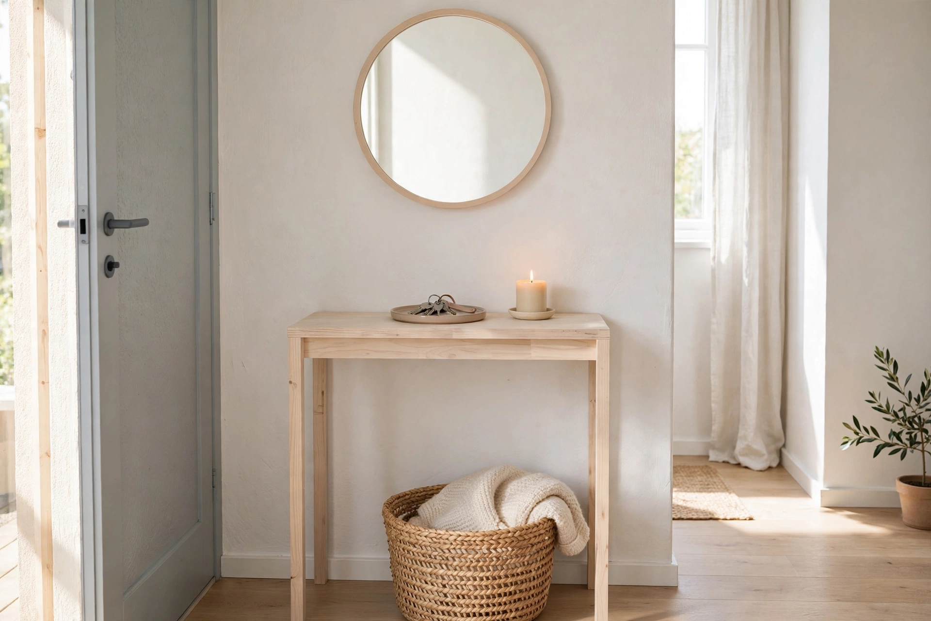 Narrow pale wood console with mirror in a small Scandinavian studio entryway