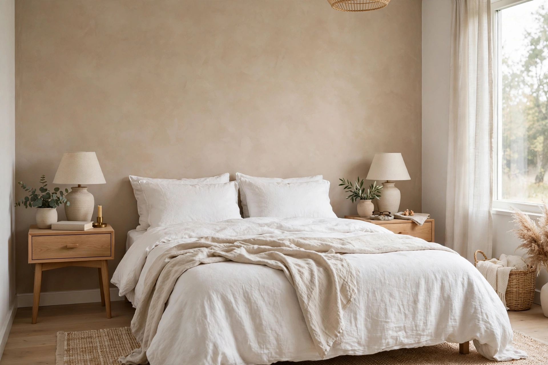 Warm greige accent wall behind a bed in a Scandinavian studio apartment