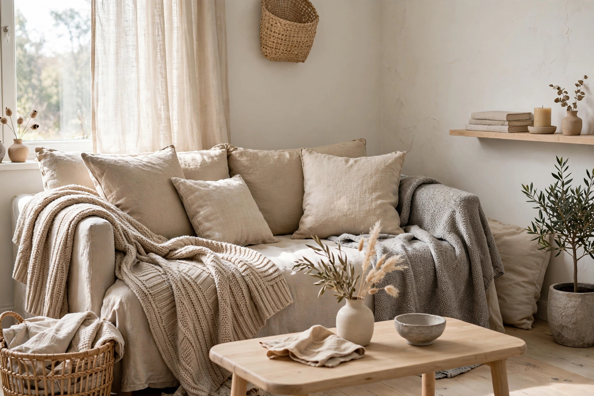 Layered beige and oatmeal textiles on a sofa in a Scandinavian studio living area