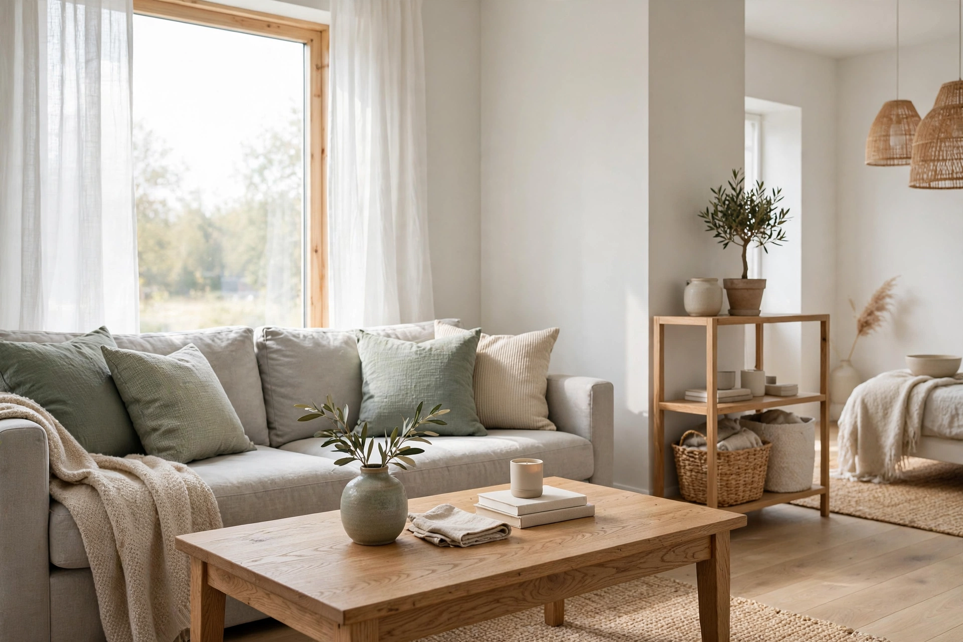 Muted sage green cushions and vase accents in a neutral Scandinavian studio