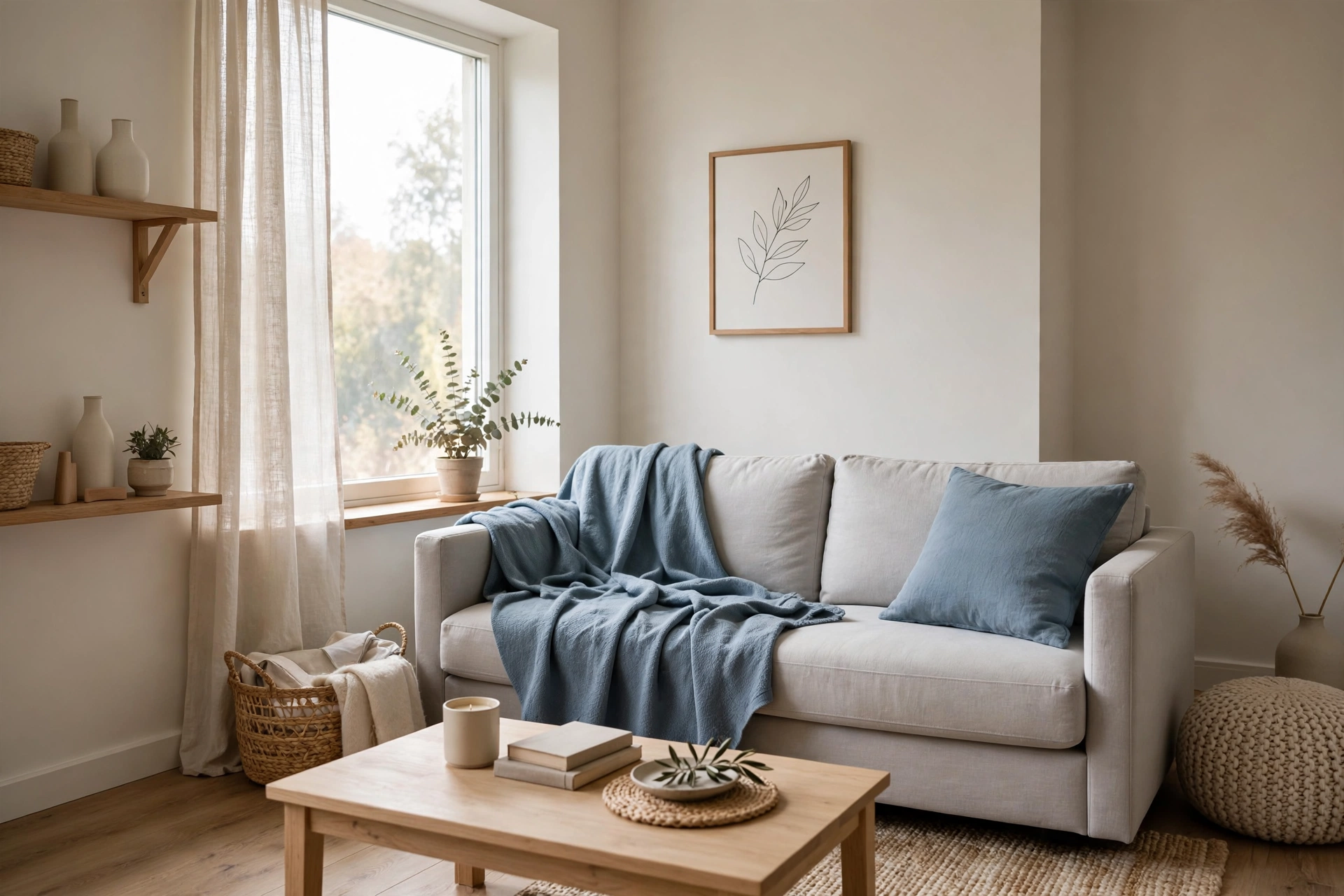 Dusty blue throw and cushion accents in a calm Scandinavian studio interior