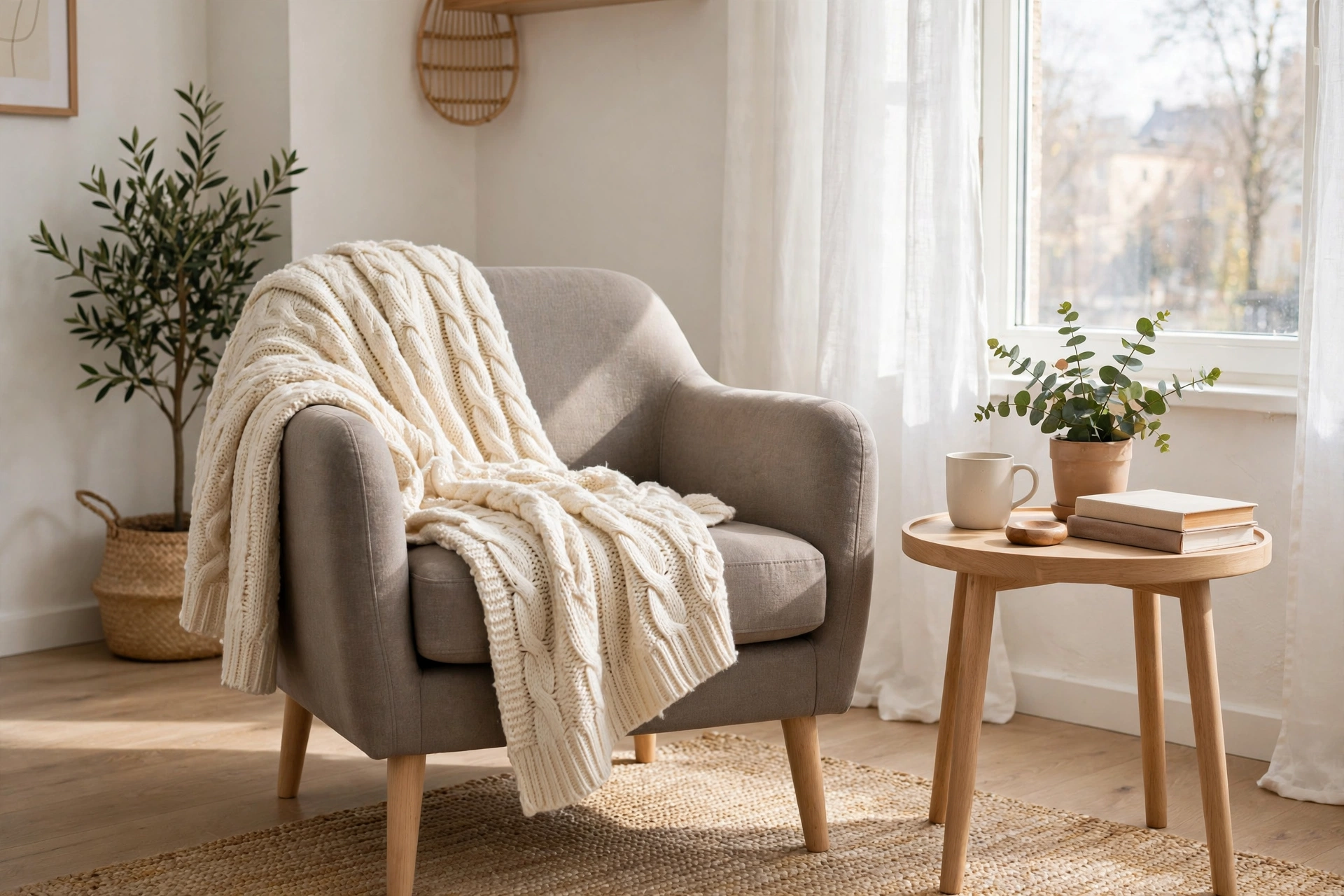 Warm gray upholstered armchair in a bright Scandinavian studio reading corner
