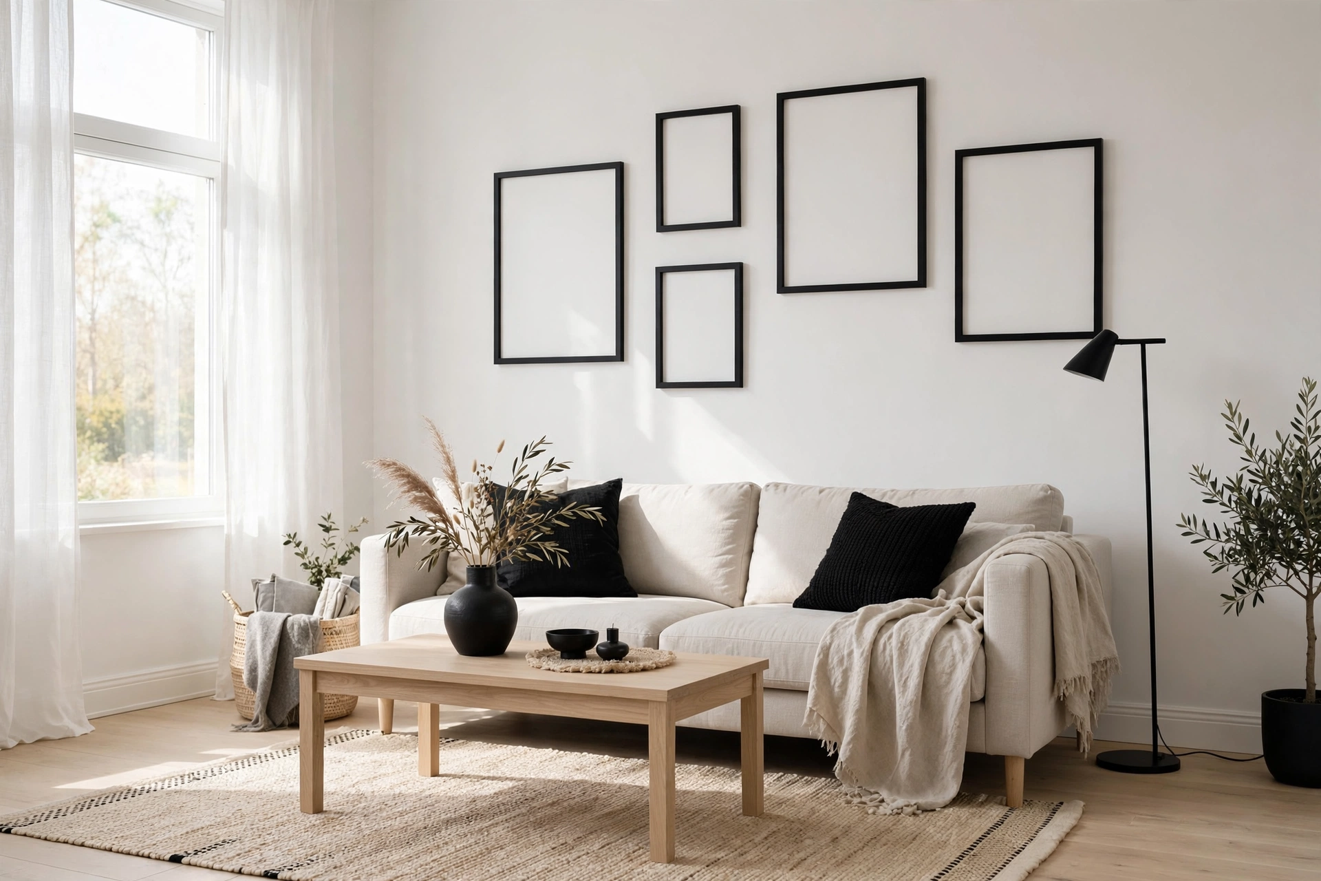 Matte black picture frames and lamp accents in a pale Scandinavian studio