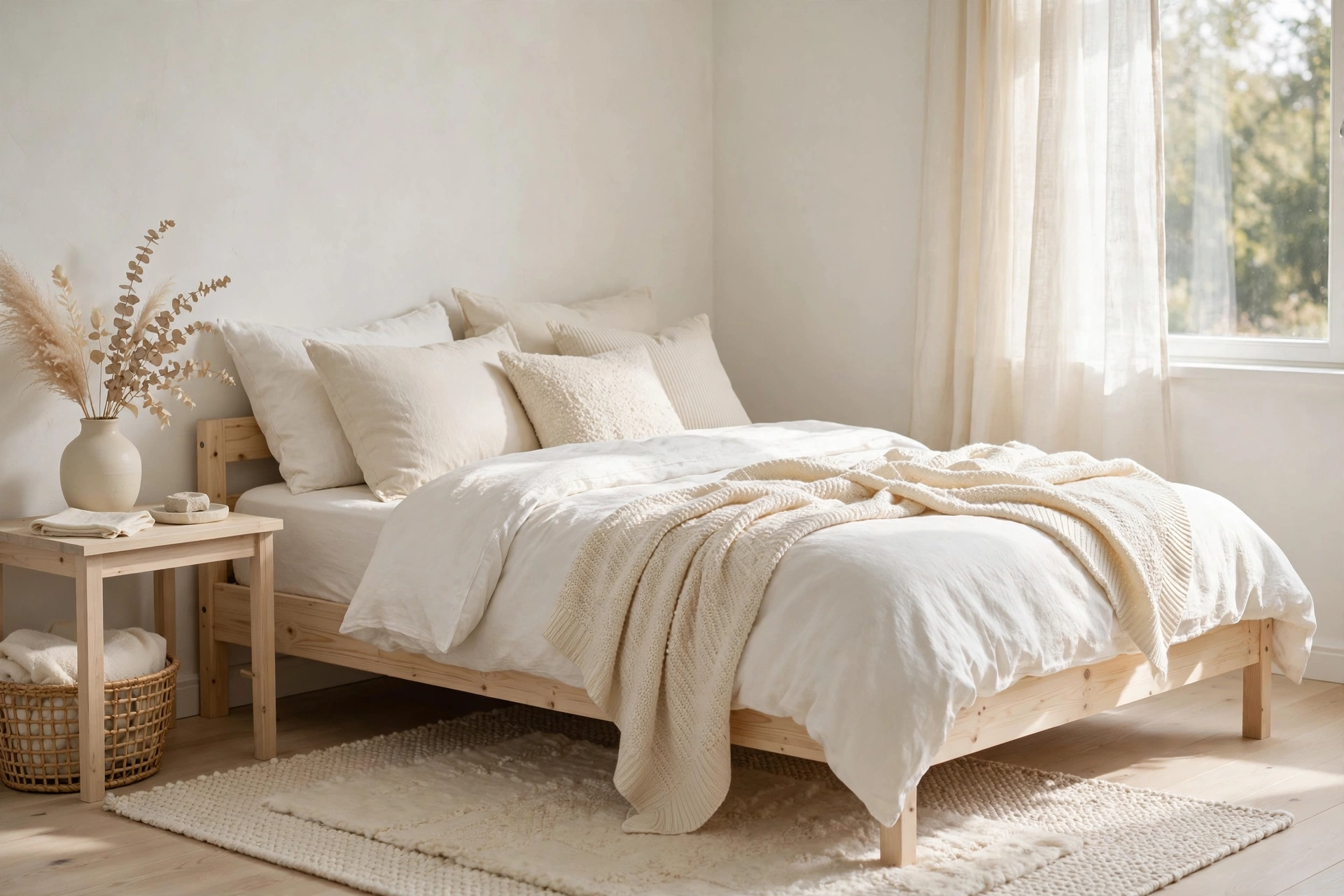 Tone-on-tone layered whites and creams in a Scandinavian studio sleeping corner