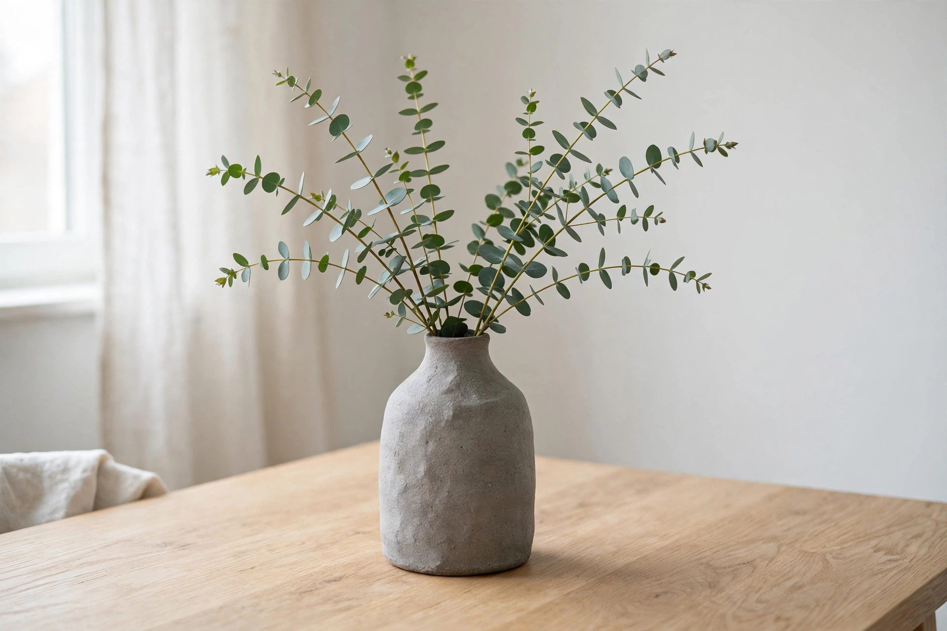 Eucalyptus stems in a stoneware vase on a table in a Scandinavian studio