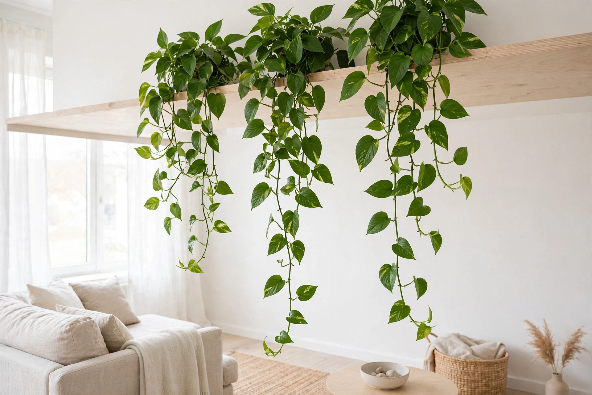 Trailing pothos plant cascading from a high shelf in a Scandinavian studio