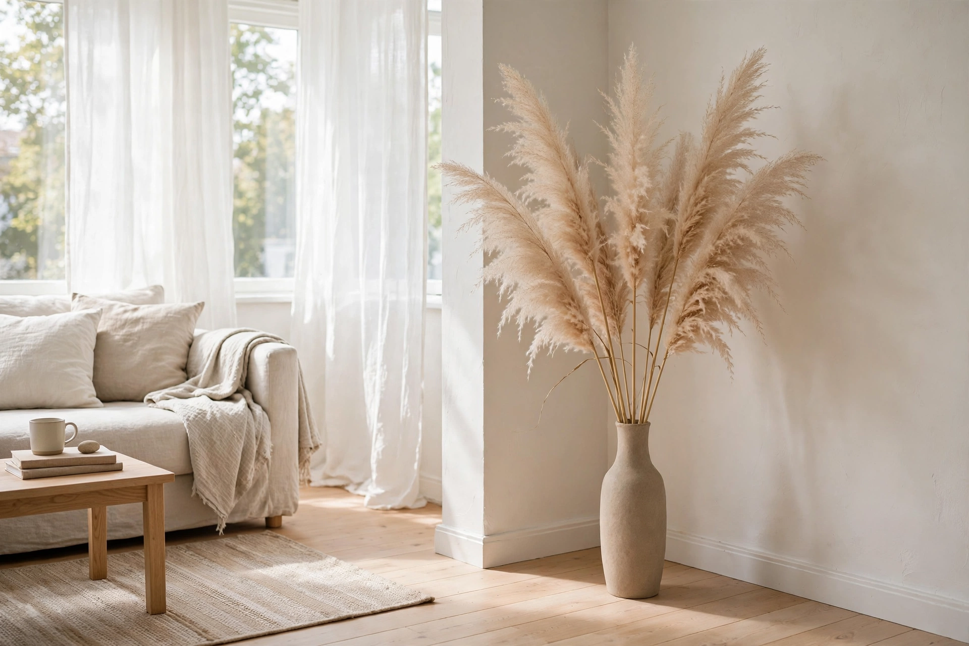 Dried pampas grass in a tall floor vase in a corner of a Scandinavian studio