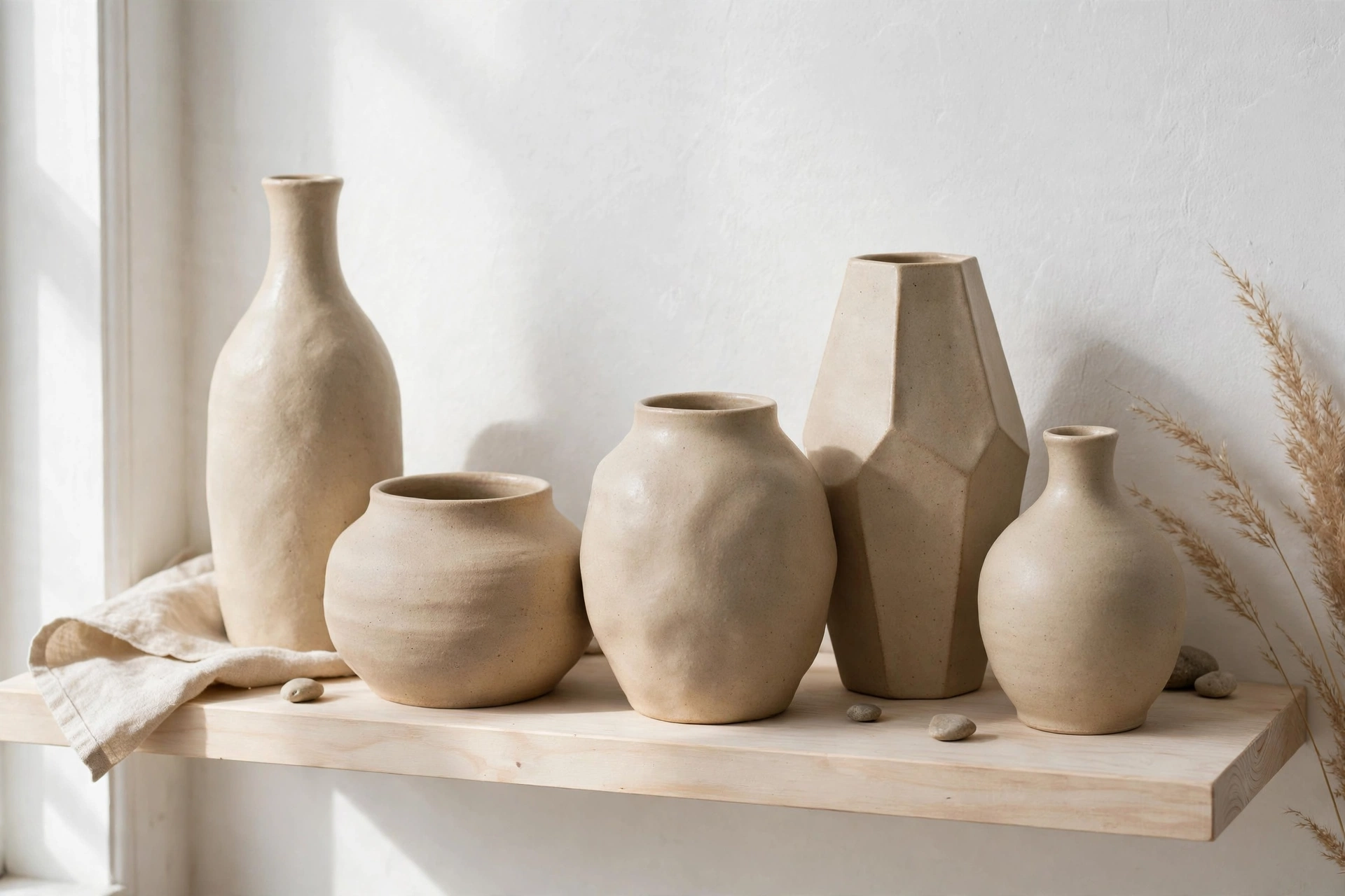 Cluster of handmade ceramic vases on open shelving in a Scandinavian studio