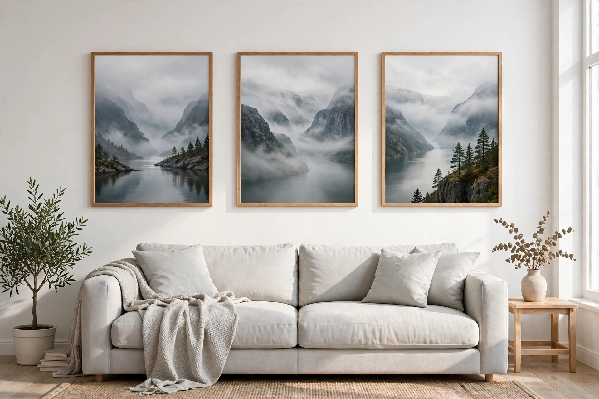 Framed Nordic landscape prints in thin oak frames above a sofa in a Scandinavian studio