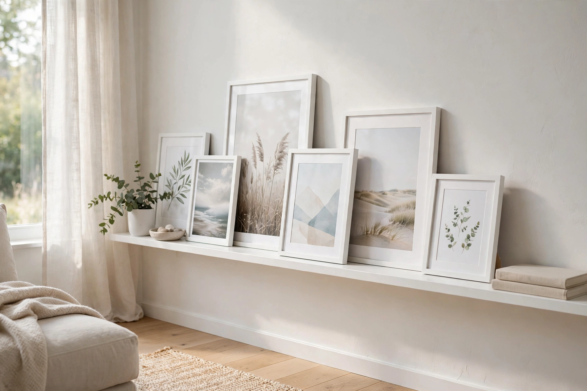 Picture ledge with layered framed photos and small art in a Scandinavian studio