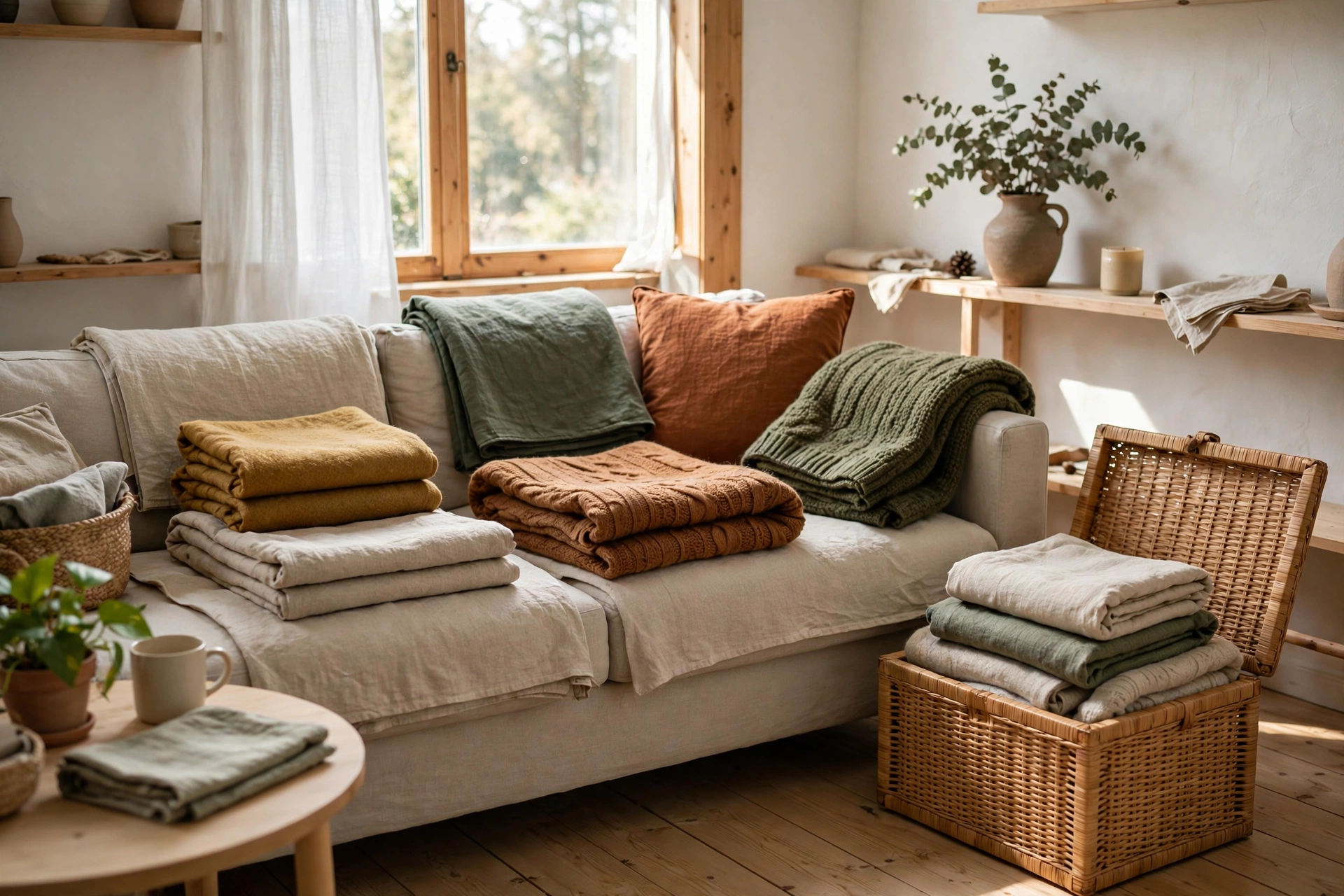 Seasonal throw pillows and blankets being swapped in a cozy Scandinavian studio