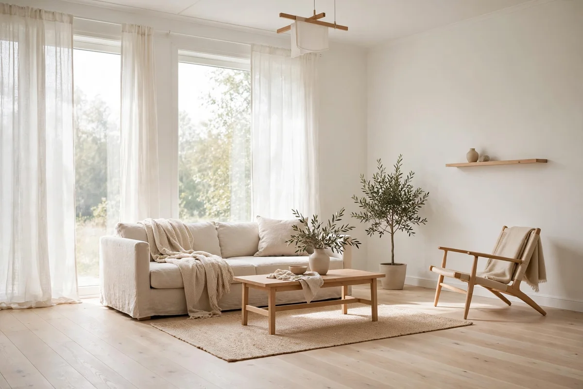 Scandinavian living room with crisp white walls and light wood floors