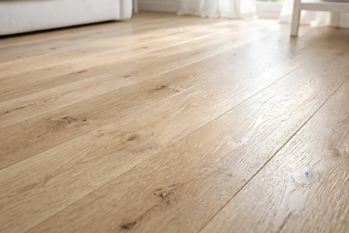Light oak wood floors in a Scandinavian living room