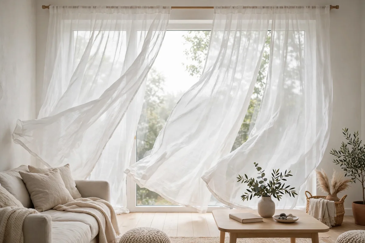 Sheer white curtains filtering daylight in a Scandinavian living room