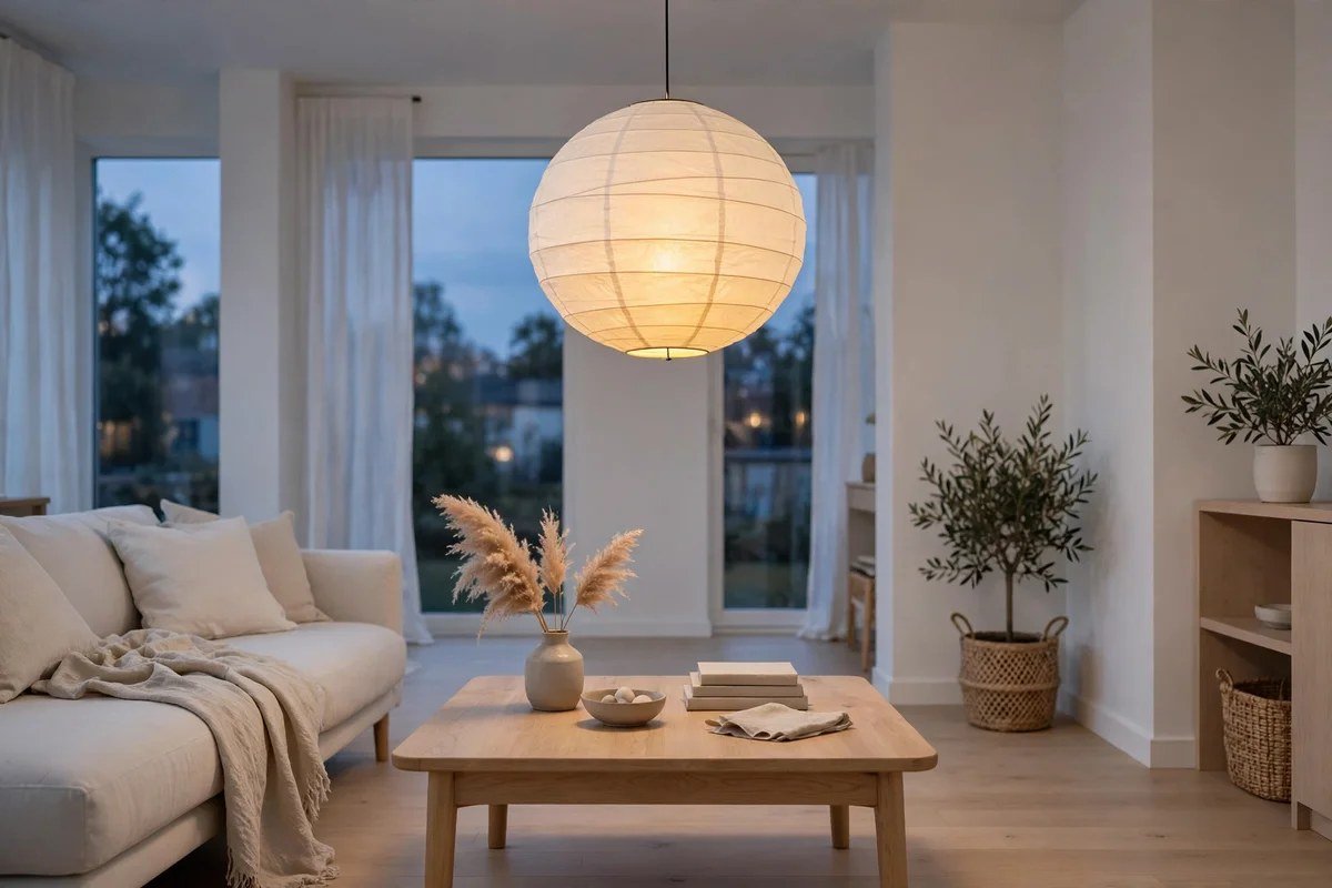 Paper globe pendant light glowing in a Scandinavian living room