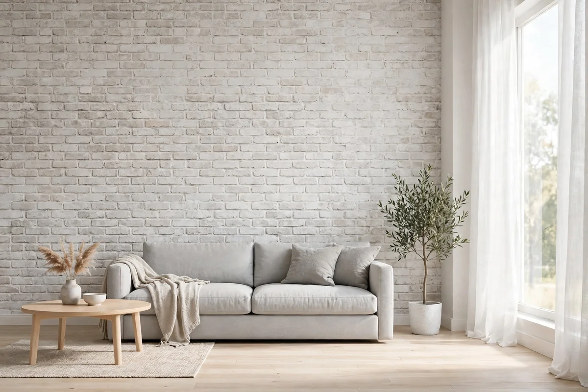 Whitewashed brick accent wall in a Scandinavian living room