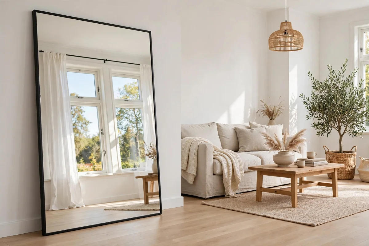 Large leaning mirror reflecting light in a Scandinavian living room