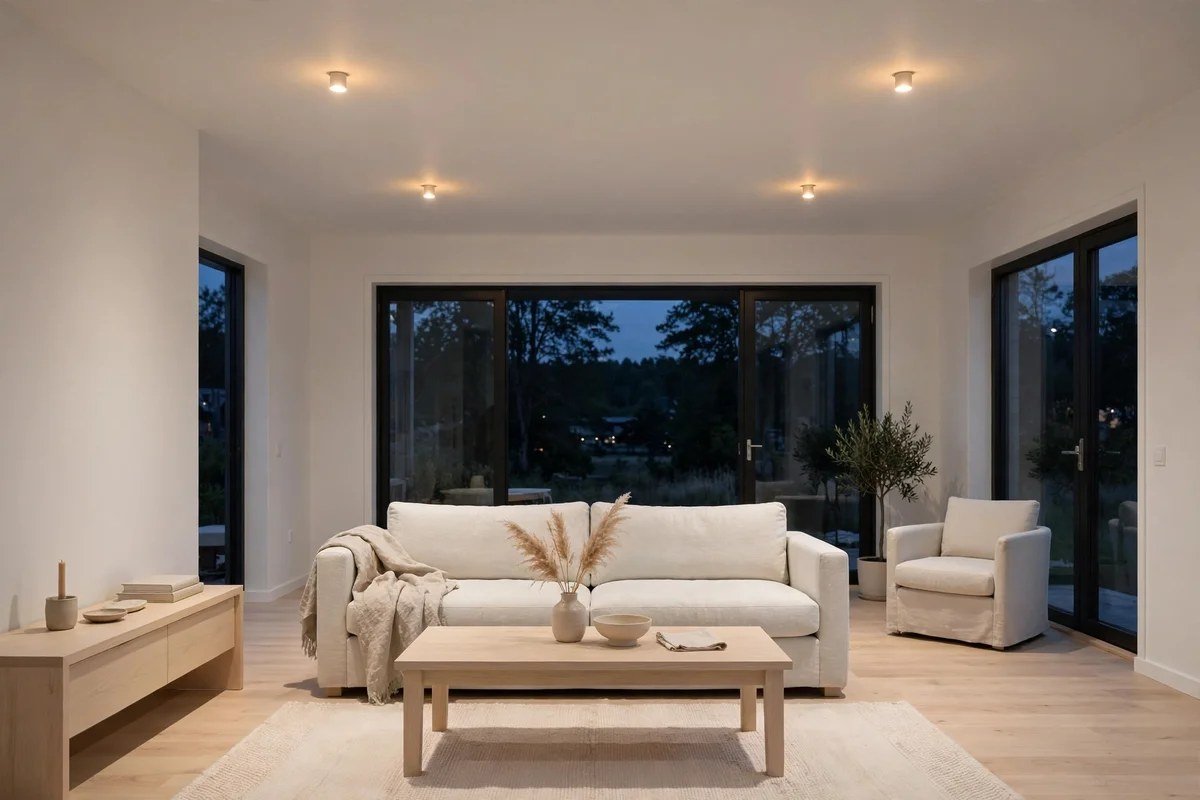 Minimal warm recessed ceiling lighting in a white Scandinavian living room