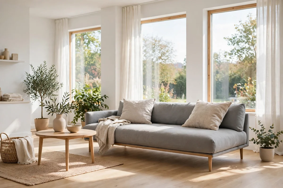 Low-profile soft grey sofa in a Scandinavian living room