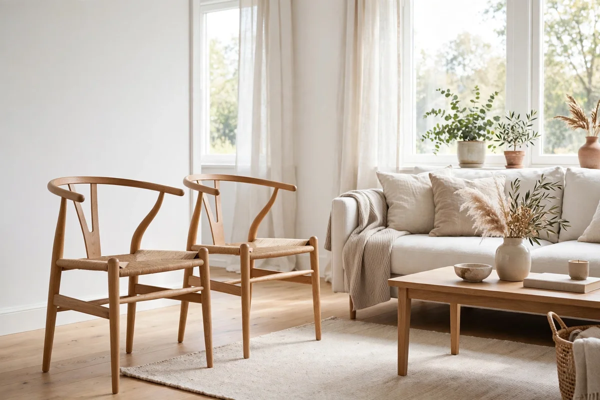 Pair of wishbone-style chairs with woven seats in a Scandinavian living room