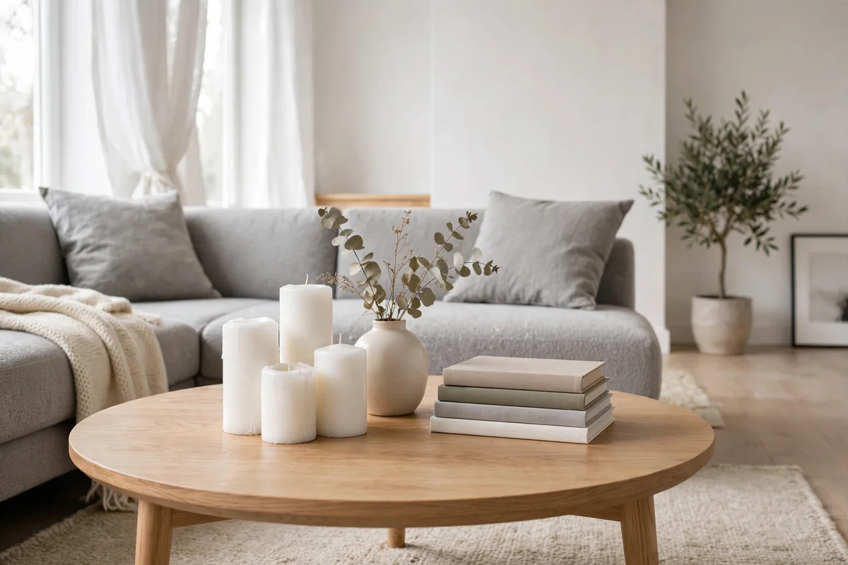 Round light oak coffee table in a Scandinavian living room