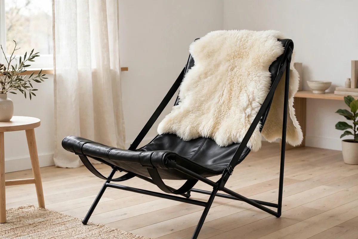 Sheepskin draped over a lounge chair in a Scandinavian living room