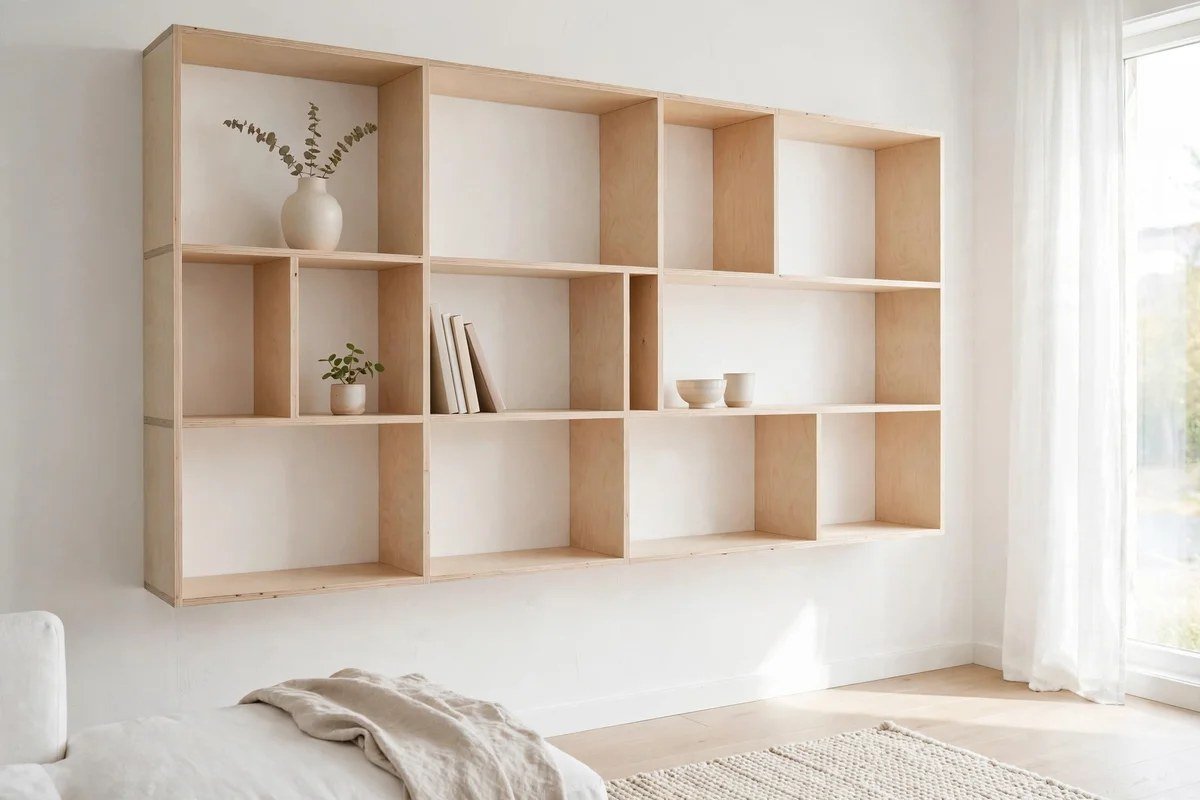 Modular birch wall shelving styled minimally in a Scandinavian living room