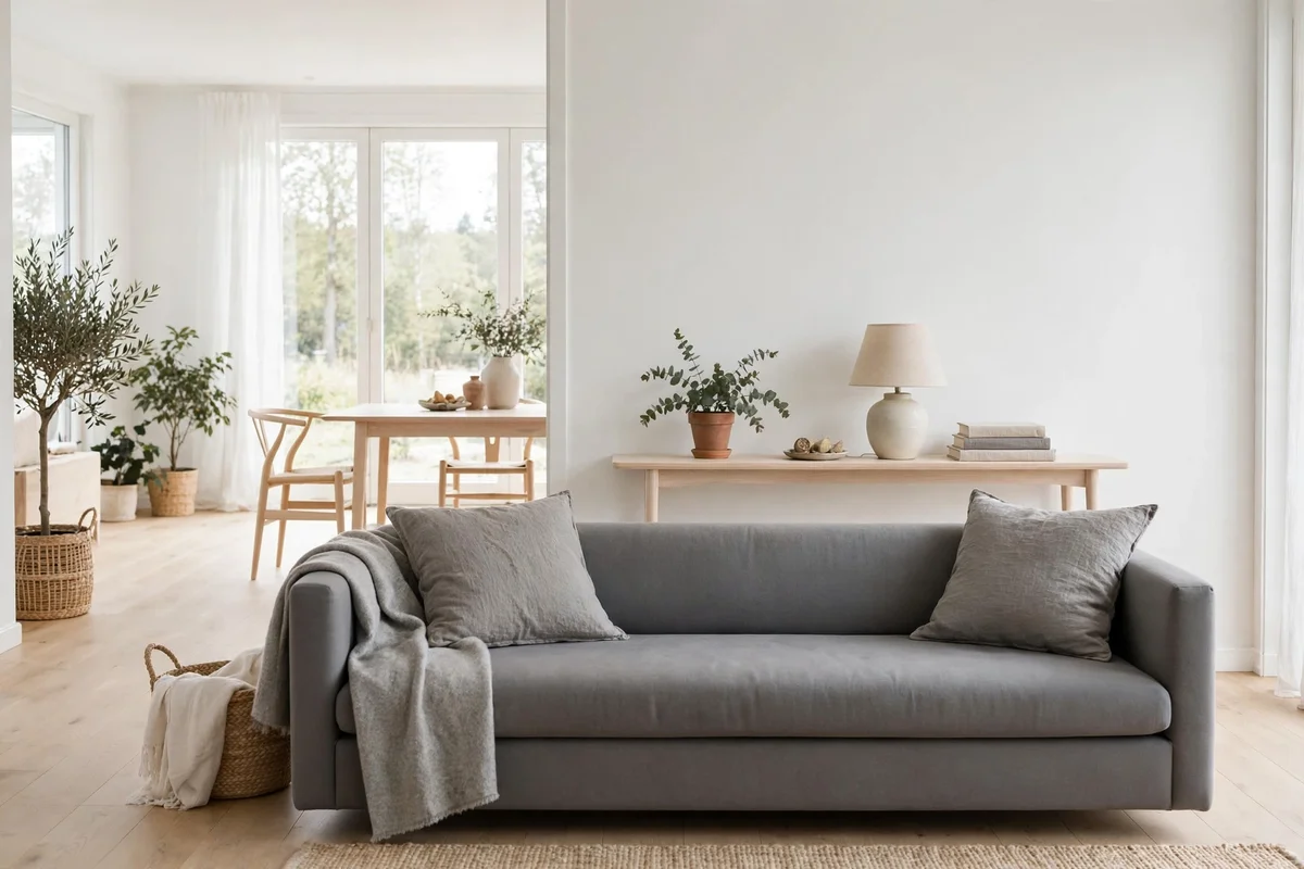 Slim console table behind a floating sofa in a Scandinavian living room